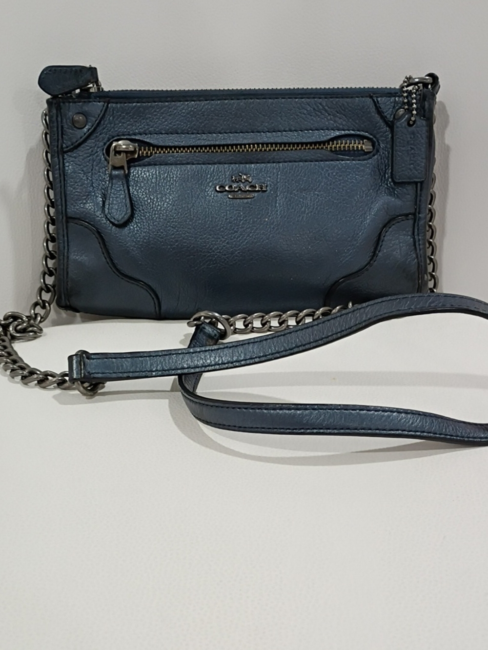 Coach Navy Metallic Pebbled Leather And Chain Crossbody Gunmetal Hardware